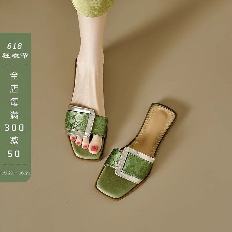 Ruoqi New Fashion Elegant New Chinese Casual All-Match Slippers Women's Flat Lazybones' Outdoor Sandals Summer