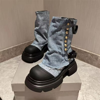 Design Pants Boots Women  Autumn and Winter Niche Korean Style Doll Head Muffin Cowboy Boot Fashion Short Boots Smoke Pipe Boots