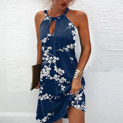 IKEARLAX European and American New Fashion Casual Printing Sleeveless Halter Hollow Dress Women's Clothing Cross-Border Supply