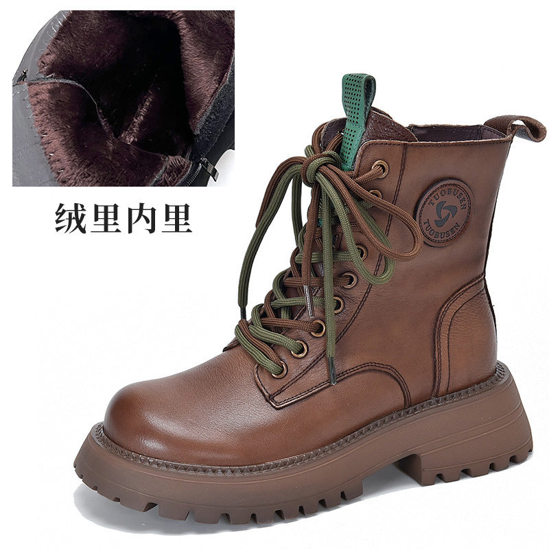 First Layer Cowhide British Fan Boots round Head Thick Bottom All-Matching Boots Women's Autumn and Winter High-Top Martin Boots Women's Boots