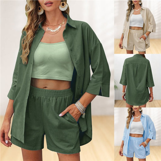 Cross-Border  Summer Fashion Shorts Two Pieces Solid Color Shirt Outfit Female Temperament Casual Loose Short Sleeves