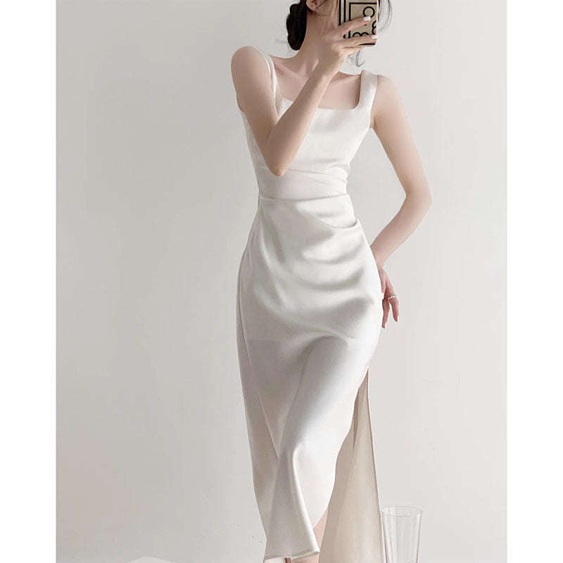 IKEARLAX  White Dress Women's High-Grade Summer  Style Long Wedding Party Light Luxury Dress Graceful Satin Suspender Dress