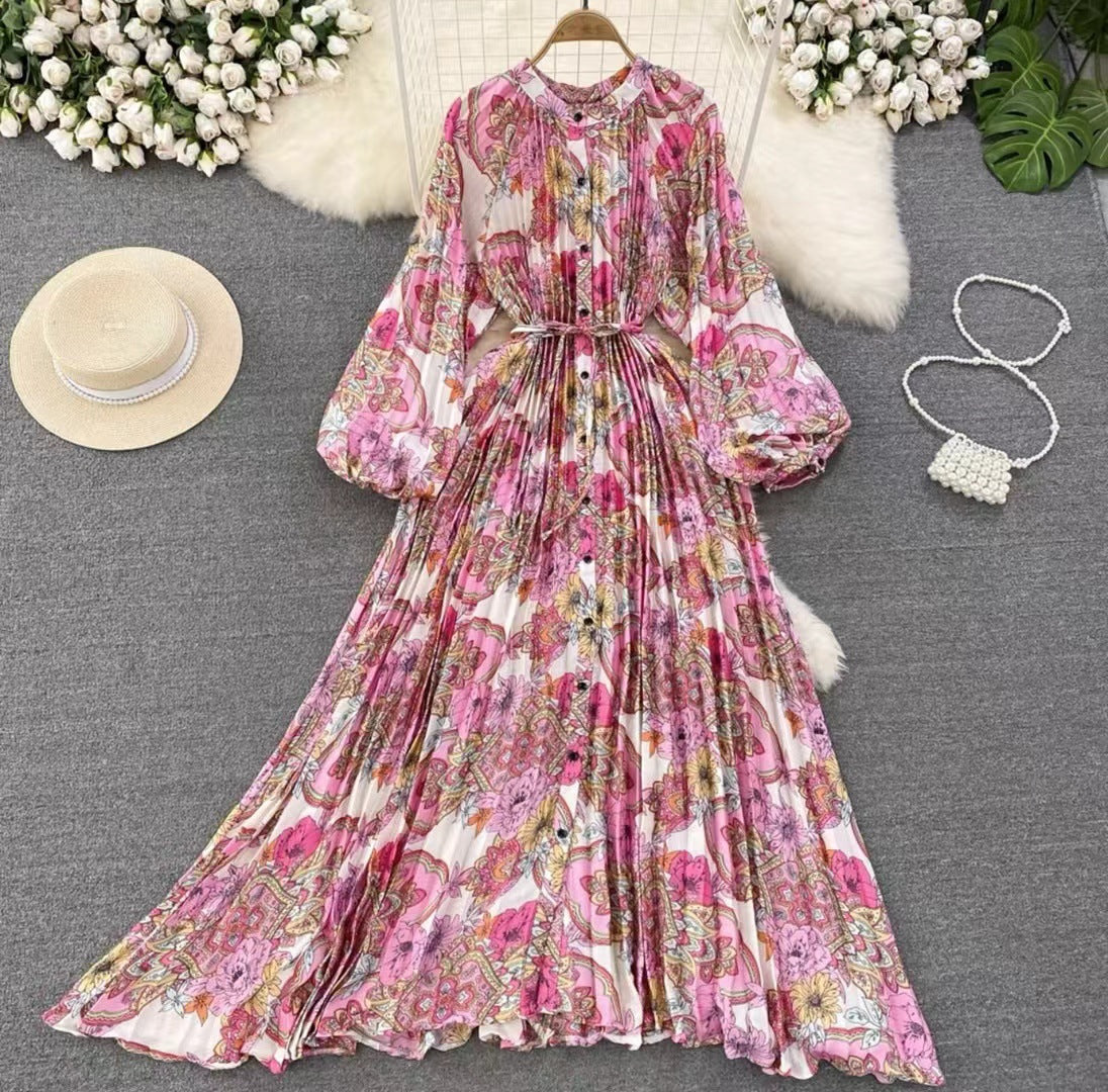 IKEARLAX  High-Grade Light Luxury Temperament Lantern Long Sleeve round Neck Waist Trimming Slimming Single-Breasted Printed Dress Elegant Long Dress