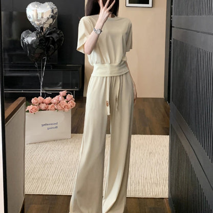 High-End Casual Sports Suit Women's Summer Wear Slimming and Fashionable Anti-Aging Elegant Solid Color Short-Sleeved Wide-Leg Pants Two-Piece Set