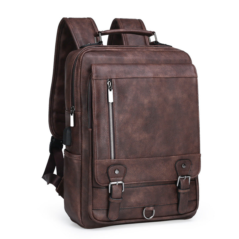 Men's Leather Bag New Large Capacity Men's USB Charging Backpack Computer Bag Travel Backpack Cross-Border Leather Bag Men