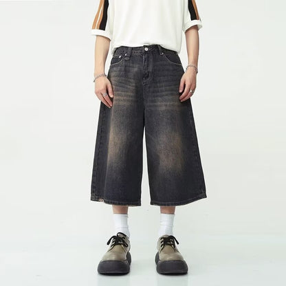 American Street Washed Wide-Leg Pants Cropped Jeans Men's 2024 Spring and Summer Fashion Brand Retro Personality Straight Casual Short