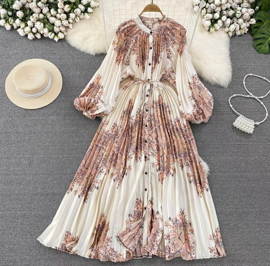 IKEARLAX  High-Grade Light Luxury Temperament Lantern Long Sleeve round Neck Waist Trimming Slimming Single-Breasted Printed Dress Elegant Long Dress