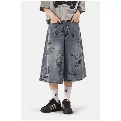 American Style Hip Hop Trendy Printed Men's High Street Retro Fashion Casual Baggy Pants Straight-Leg Trousers Jeans