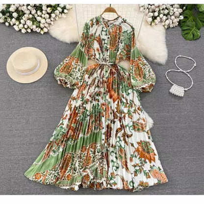 IKEARLAX  High-Grade Light Luxury Temperament Lantern Long Sleeve round Neck Waist Trimming Slimming Single-Breasted Printed Dress Elegant Long Dress