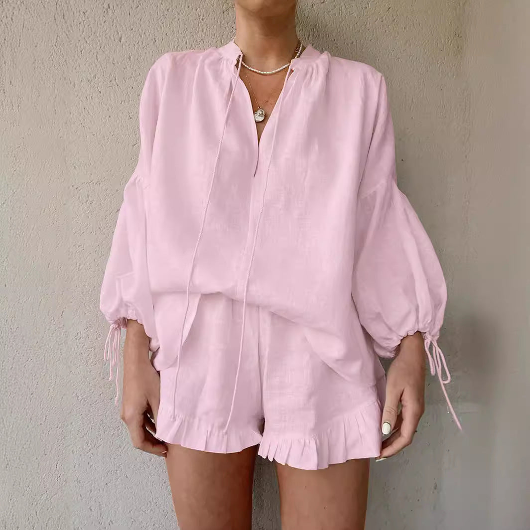 Fashion Cotton Linen Solid Color Loose V-neck Lantern Sleeve Shorts Two-Piece Summer All-Matching Sexy Tied High Waist Suit