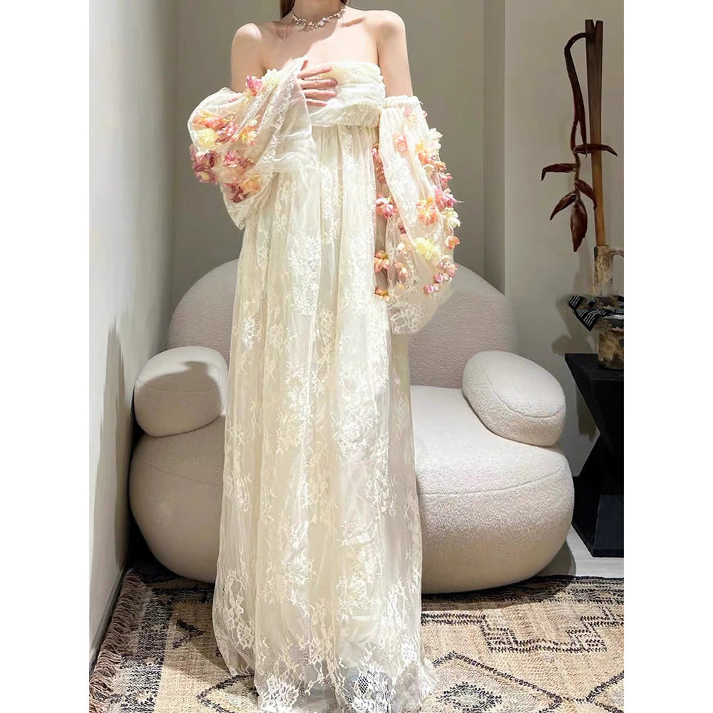 IKEARLAX  Direct Supply Nanyou in Stock  New Super Fairy Flowers Puff Sleeve Tube Top Dress High-End Mesh Lace Dress