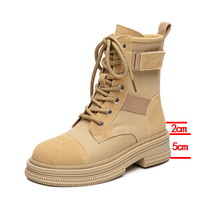 Leather Martin Boots Women's  Spring New Height Increasing Insole Canvas Women's Boots Thick Bottom Side Zipper Fleece-lined Short Desert Boots