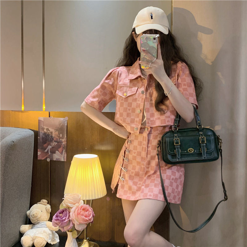 Chanel Suit Women's Summer Wear  New Design Sense Love Plaid Short Short Sleeve Jacket Two-Piece Set