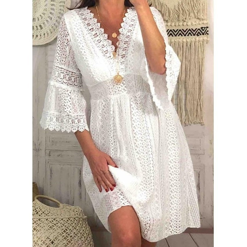 IKEARLAX Spring New Lace Dress European and American Foreign Trade V-neck Hollow Lace Bell Sleeve Dress