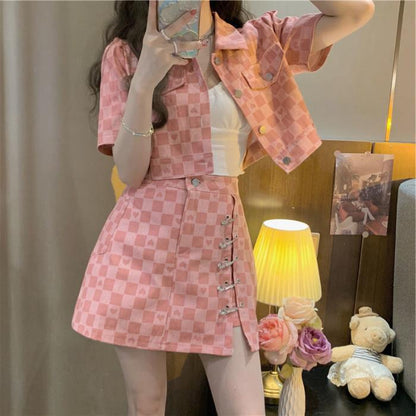 Chanel Suit Women's Summer Wear  New Design Sense Love Plaid Short Short Sleeve Jacket Two-Piece Set