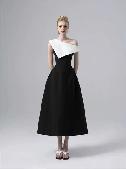 IKEARLAX  In Stock Spring and Summer Vietnam Special-Interest Design Classic Black and White Color Matching Sloping-Shoulder off the-Shoulder Formal Dress Simple Dress