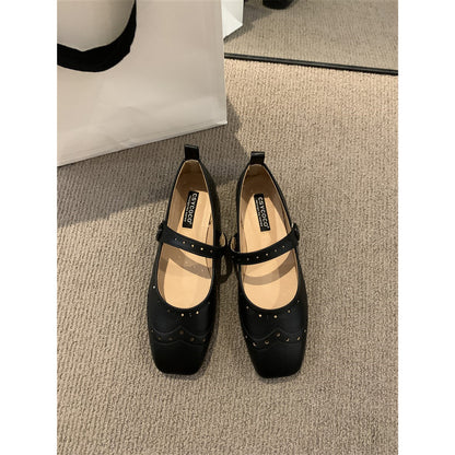 ikearlax Vintage Mary Jane Shoes Women's Shoes  Spring and Autumn New Square Toe Low-Cut Soft Flat Bottom  Style Skirt Pumps