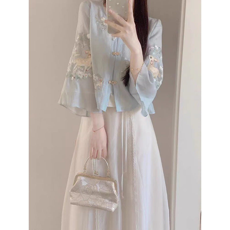 New Chinese Fashion National Style Suit Women's Summer Small Intellectual Temperament Chinese Knot Button Top Half-Length Dress Two-Piece Set