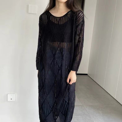 IKEARLAX Korean Style Hollow Knitted Crocheted  Spring/Summer New Long Casual Temperament Idle Style Blouse Fashion Dress