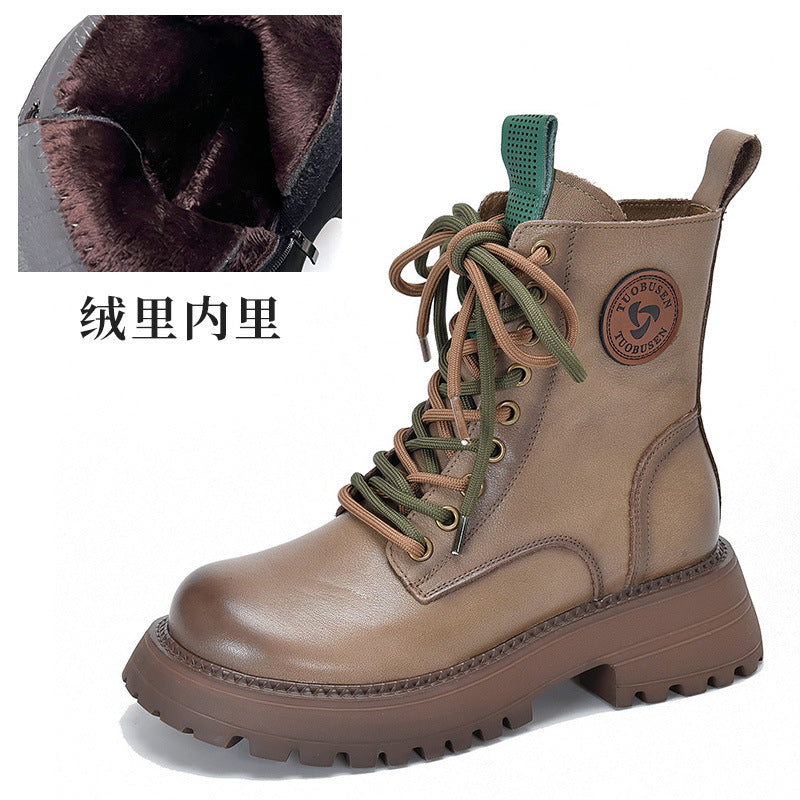 First Layer Cowhide British Fan Boots round Head Thick Bottom All-Matching Boots Women's Autumn and Winter High-Top Martin Boots Women's Boots