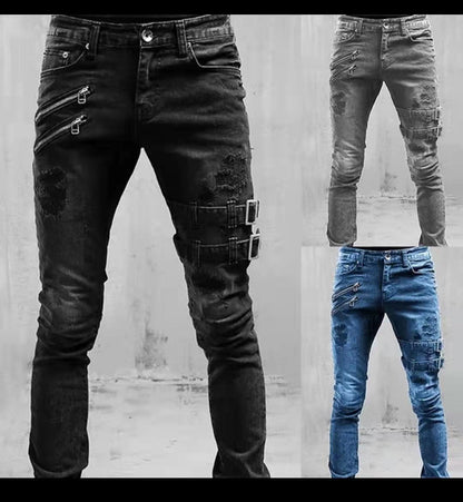 2024 Europe and America Cross Border  Wish Personality Trend Worn Ripped Motorcycle Skinny Jeans Men J019