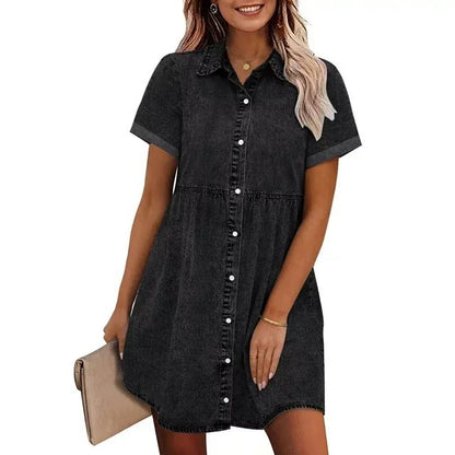 IKEARLAX Cross-Border Foreign Trade  European and American Washed Denim Lapel Loose Sweet Lotus Leaf Dress Short Skirt New