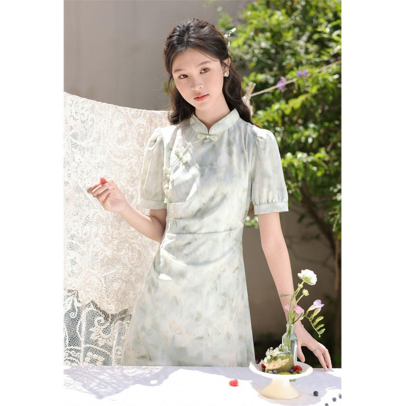 IKEARLAX Fresh Style Green Floating New Chinese Style Light Green Short Sleeve Dress Ancient Style Tight Waist Niche Elegant Thin Fresh Cold Style Cheongsam