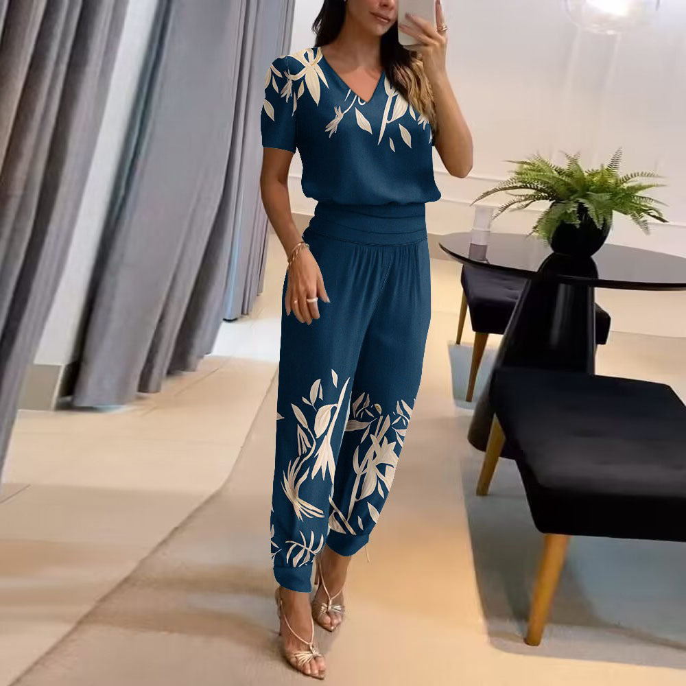 Cross-Border European and American Women's Clothing  New Fashion Casual V-neck Printing Short Sleeve Trousers Suit Two-Piece Set