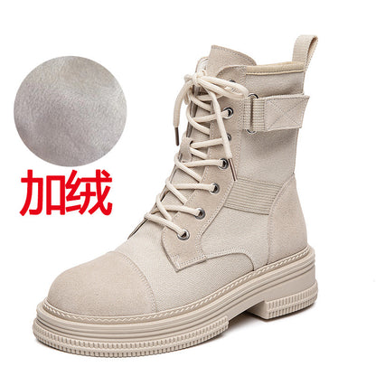 Leather Martin Boots Women's  Spring New Height Increasing Insole Canvas Women's Boots Thick Bottom Side Zipper Fleece-lined Short Desert Boots