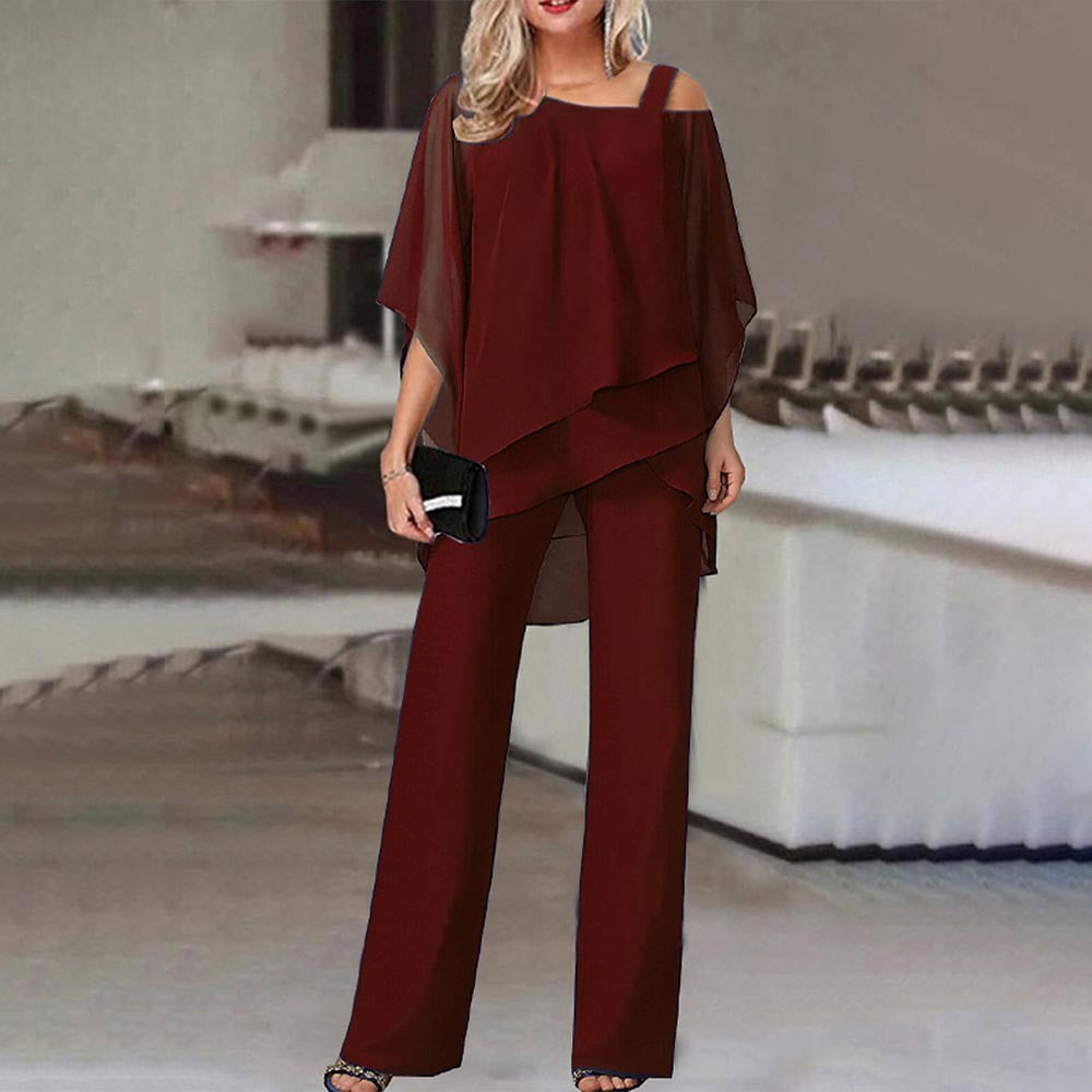 Batwing Sleeve Top and Trousers Women's Casual Strapless Irregular Party Suit Elegant Two-Piece Set  Spring, Summer, Autumn 66