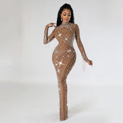 IKEARLAX  Z2215 Cross-Border Autumn and Winter New  European and American Women's Clothing Sexy Mesh Rhinestone Nightclub Party Long Dress