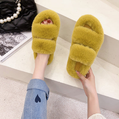 Autumn and Winter New Outdoor Women's Fluffy Shoes One-Strap Women's Plush Slippers Korean Casual Home Wool Sleeper