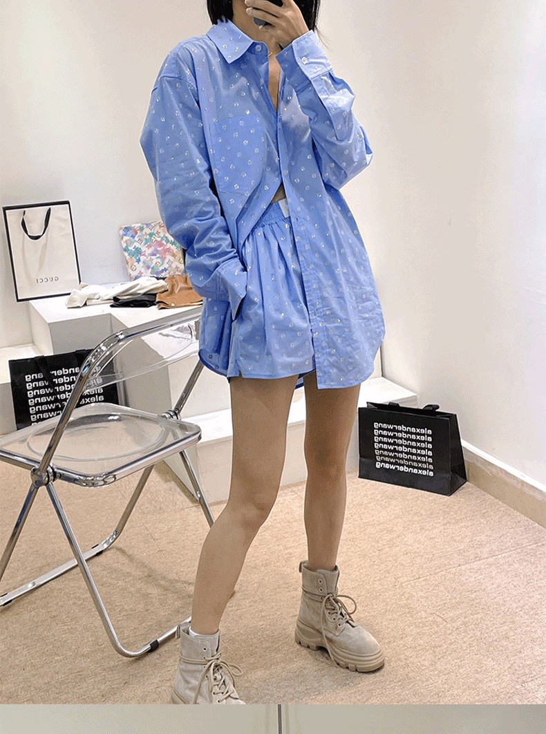 King 24 Years New Full of Letters a Hot Rhinestone Blue Lapel Long Sleeve Shirt Women's Loose Rhinestone Shorts Suit