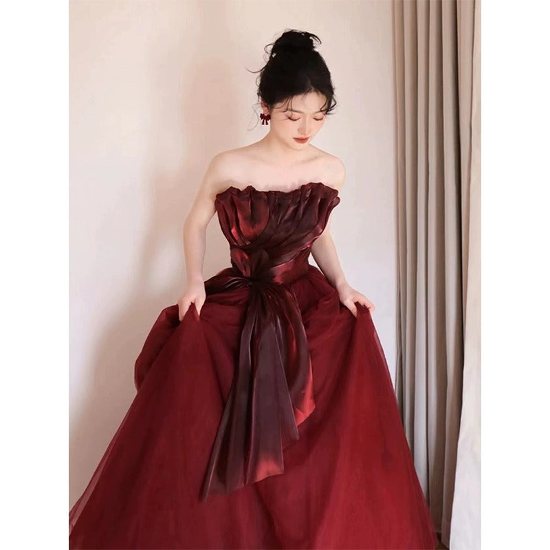 IKERRLAX Toast Dress  New Bridal Wine Red Light Luxury Minority Tube Top Engagement Dress High-Grade  Wedding Dress