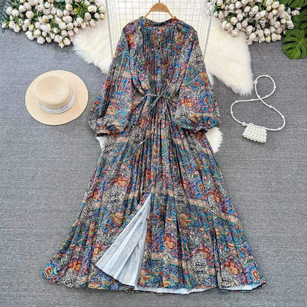 IKEARLAX  High-Grade Light Luxury Temperament Lantern Long Sleeve round Neck Waist Trimming Slimming Single-Breasted Printed Dress Elegant Long Dress