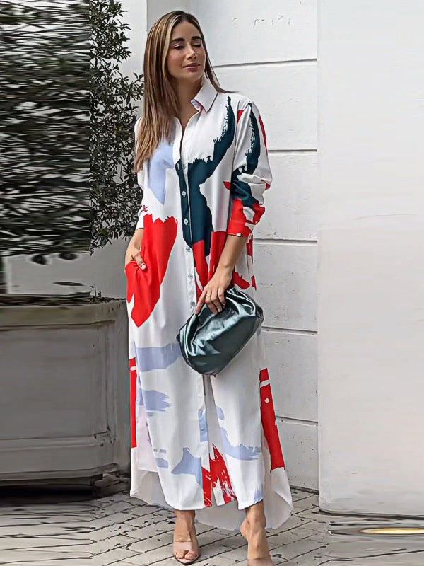 ikearlax Spring Women's Clothes Independent Station HOTan and NEWn Fashion Casual Printing Loose Split Long Shirt Shirt Dress