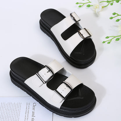 Foreign Trade plus Size Women's Shoes Wear Thick Bottom Solid Color Sandals Women's Metal Belt Buckle Open Toe Casual Slippers