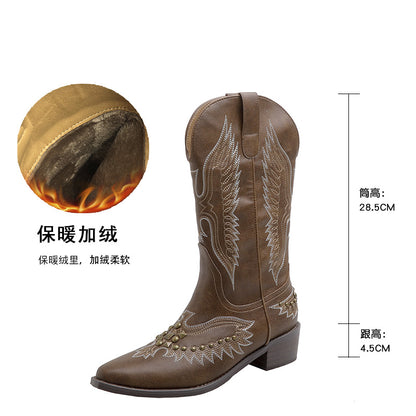 New Rivets Retro Western Cowboy Boot Versatile V Cut Embroidered Knight Boots Chunky Heel Pointed Toe Cowboy Boot