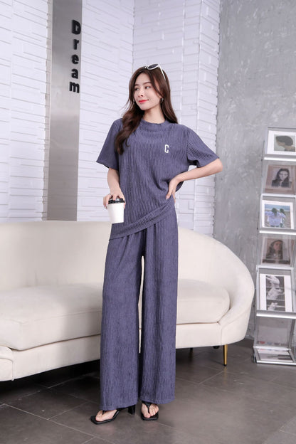 Southeast Asia Popular Chiffon Pleated Embroidery Suit Women's Summer Trousers Two-Piece Set Home Casual Fashion Set Suit