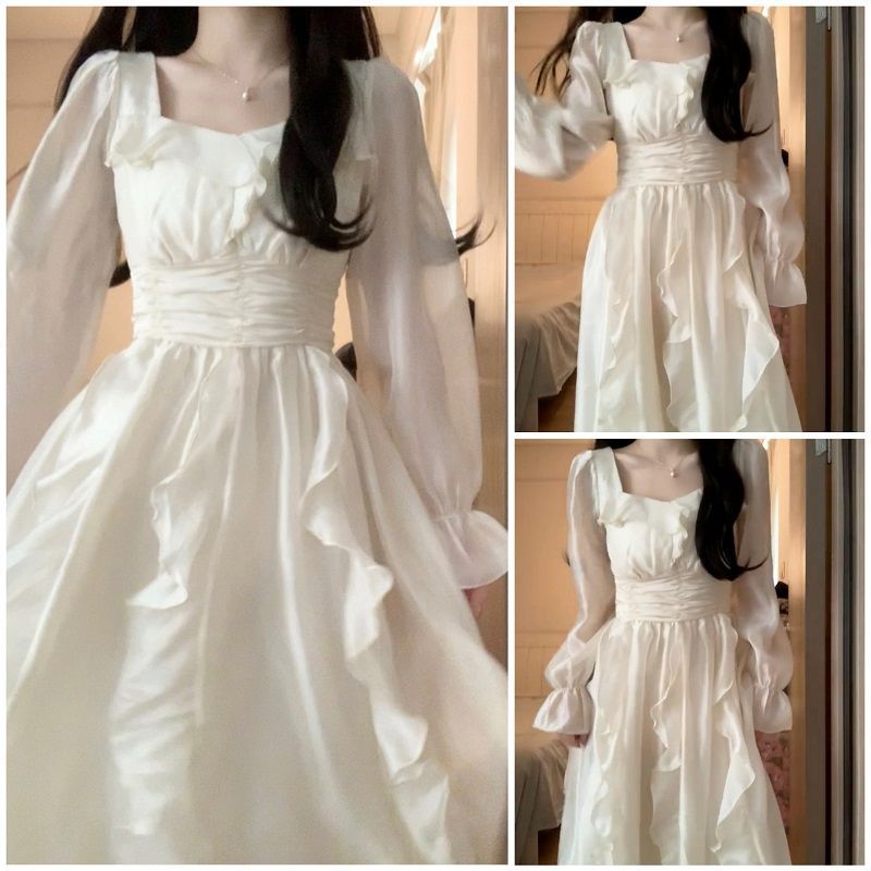 IKERRLAX Spring Women's New  Style Classic Style Sense Slim Fit White Dress Princess Dress for Small People