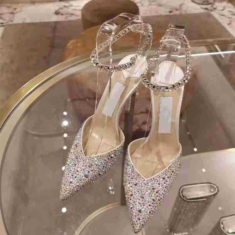 ikearlax New Crystal Sandals Pointed Sequins Stiletto Wedding Shoes Rhinestone Chain Dress High Heels Women One Piece Dropshipping