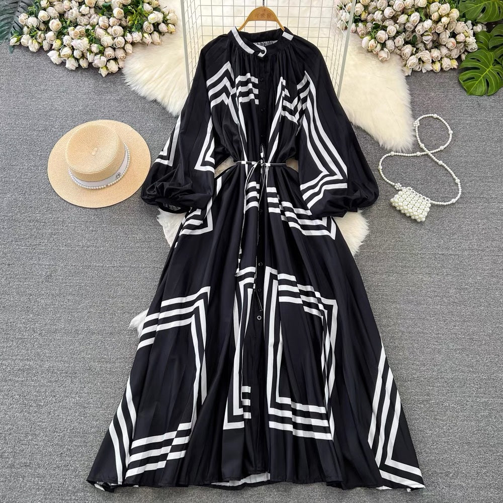 IKEARLAX  High-Grade Light Luxury Temperament Lantern Long Sleeve round Neck Waist Trimming Slimming Single-Breasted Printed Dress Elegant Long Dress