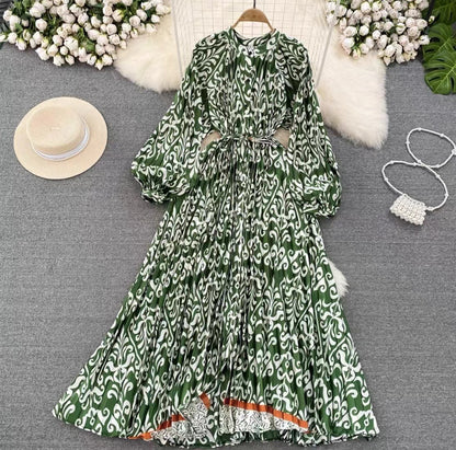 IKEARLAX  High-Grade Light Luxury Temperament Lantern Long Sleeve round Neck Waist Trimming Slimming Single-Breasted Printed Dress Elegant Long Dress