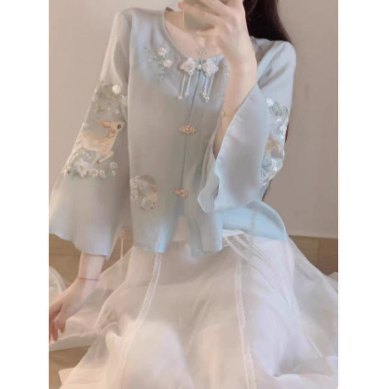 New Chinese Fashion National Style Suit Women's Summer Small Intellectual Temperament Chinese Knot Button Top Half-Length Dress Two-Piece Set