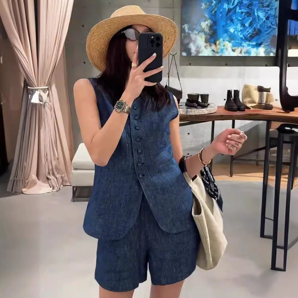 Retro Blue Linen Denim Suit Women's  Summer Hong Kong Style Casual Sleeveless Vest Cardigan Shorts Fashion Two-Piece Suit