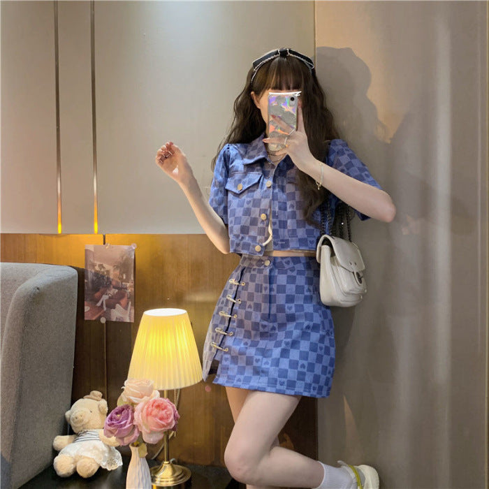 Chanel Suit Women's Summer Wear  New Design Sense Love Plaid Short Short Sleeve Jacket Two-Piece Set