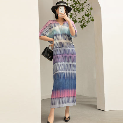 ikearlax HOTan Station Temperament plus Size Dress Spring and Summer New Retro Printed Batwing Sleeve V-neck Pleated Long-Sleeved Dress