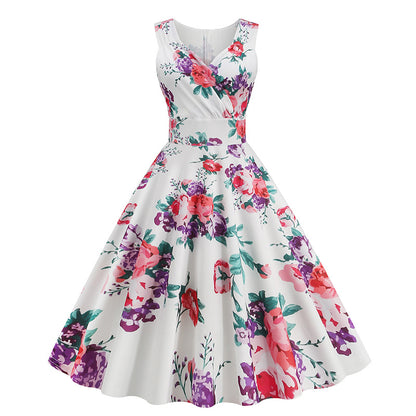 ikearlax Cross-Border  Women's New 50 S60s Hepburn Style Vintage Printing Dress Floral Dress