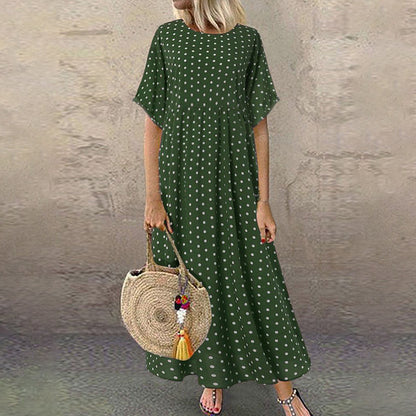 IKEARLAX Cross-Border Foreign Trade Polka Dot Dress Women  Summer New round Neck Short Sleeve and Long Pattern Dress Women One Piece Dropshipping