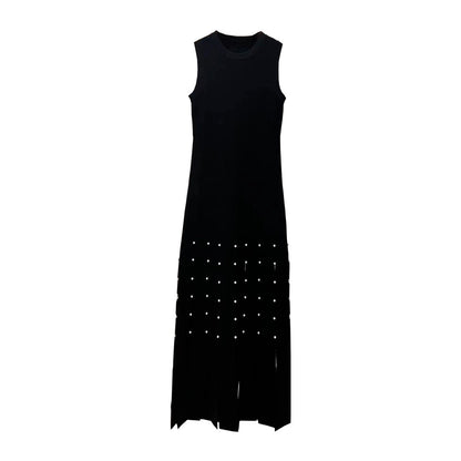 IKEARLAX S's  New Summer  Fashion Temperamental Tassels Pearl Cinched Sleeveless Knitted Black Dress Women's